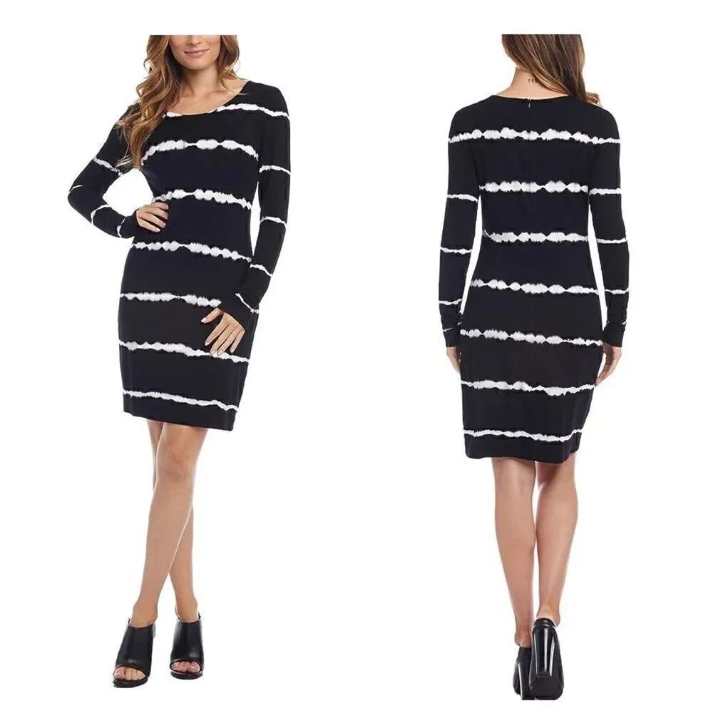 Karen Kane Black & White Tie Dye Sheath Long Sleeve Dress XLARGE